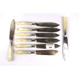 A set of eight mother of pearl handled silver collared set of silver plated fish knives.