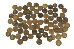 A collection of British pennies and half pennies,