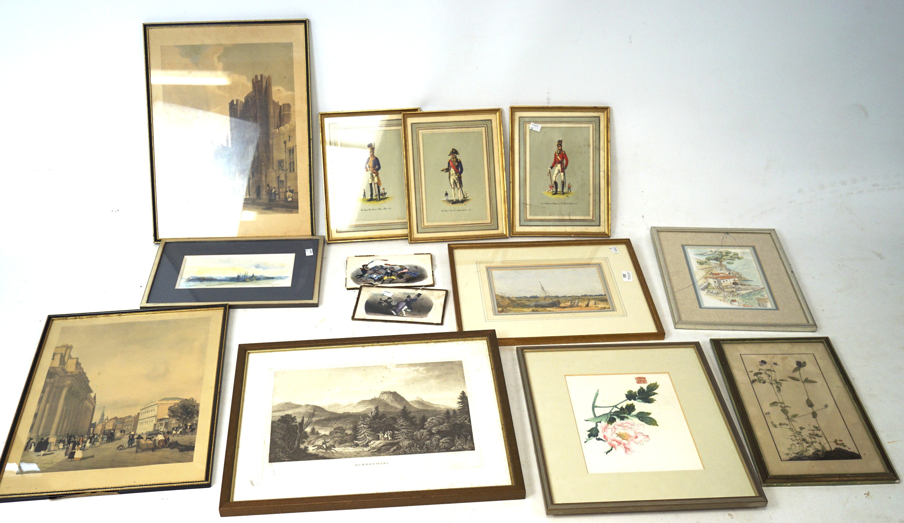 A group of 19th and 20th century pictures and prints of landscapes, flower and military figures.