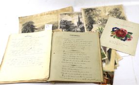 An assortment of Victorian and Edwardian hand coloured prints, a valentines letter and an Album.