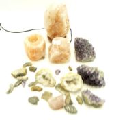 Assorted Himalayan salts, quartz and other stones and fossils.