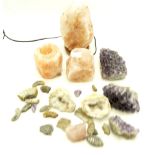 Assorted Himalayan salts, quartz and other stones and fossils.