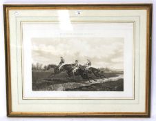 A coloured print titled 'Mc'Queens steeple chasing, Flying a Brook'.