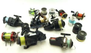 A collection of fishing reels. Including examples by Okuma, Ryobi, Mitchell, D.A.M.