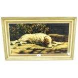 A 20th century oil on canvas. Depicting a dog lying down, unsigned,