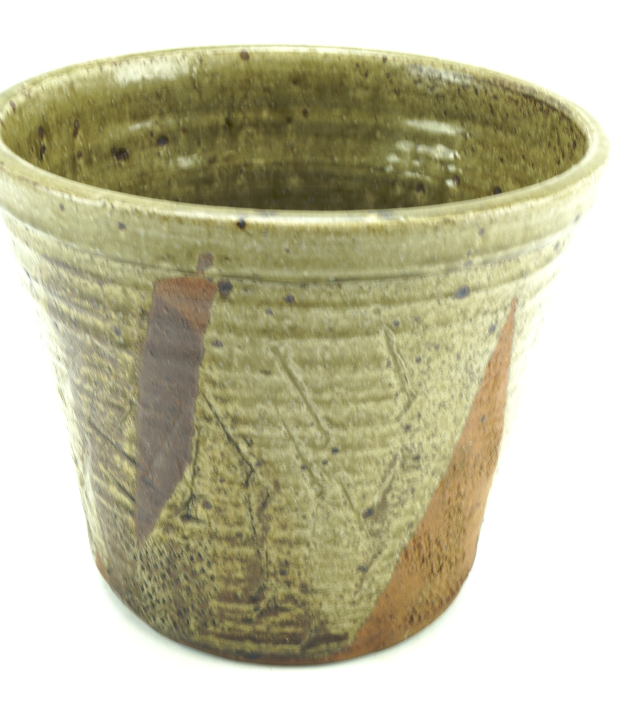 A Marianne de Trey stoneware planter. Glazed in green with geometric shapes, H21.