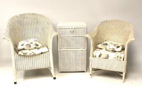 Two vintage Lloyd Loom chairs and a matching storage unit.