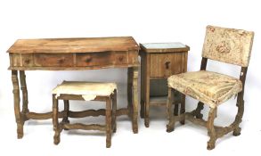 A matching lined oak stool, bedside cabinet, desk and chair set.