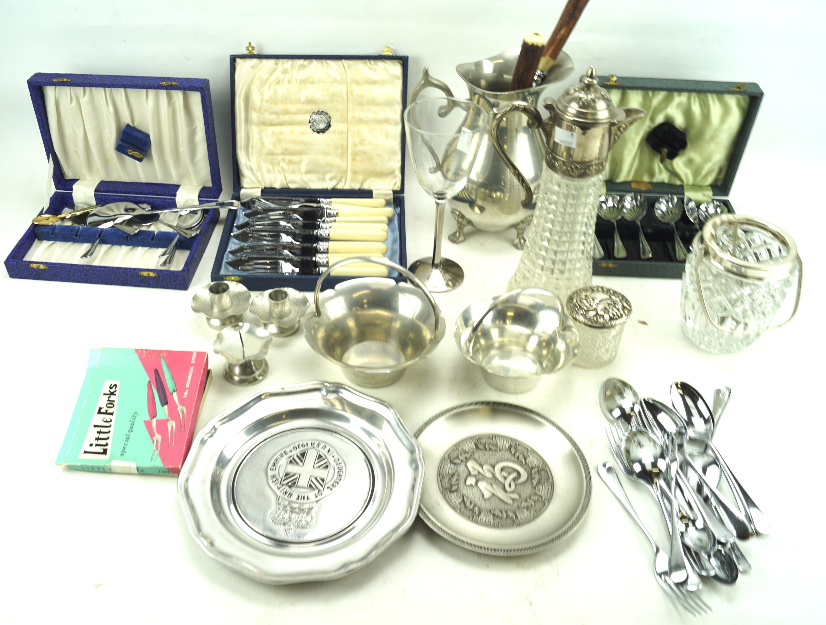 Assorted glass, flatware and metalware. Including a decanter, jug, lidded box, etc.