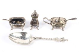 A three piece silver plated condiment set and an unusual large white metal spoon.