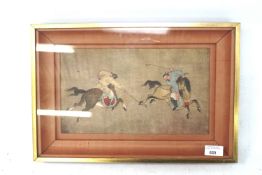 A Chinese framed and glazed woodblock coloured print depicting two men on horseback playing a form