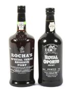 A singel bottle of ROCHA'S Special Tawny Reserve Port 75cl and a bottle of Royal Oporto Ruby port