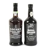 A singel bottle of ROCHA'S Special Tawny Reserve Port 75cl and a bottle of Royal Oporto Ruby port