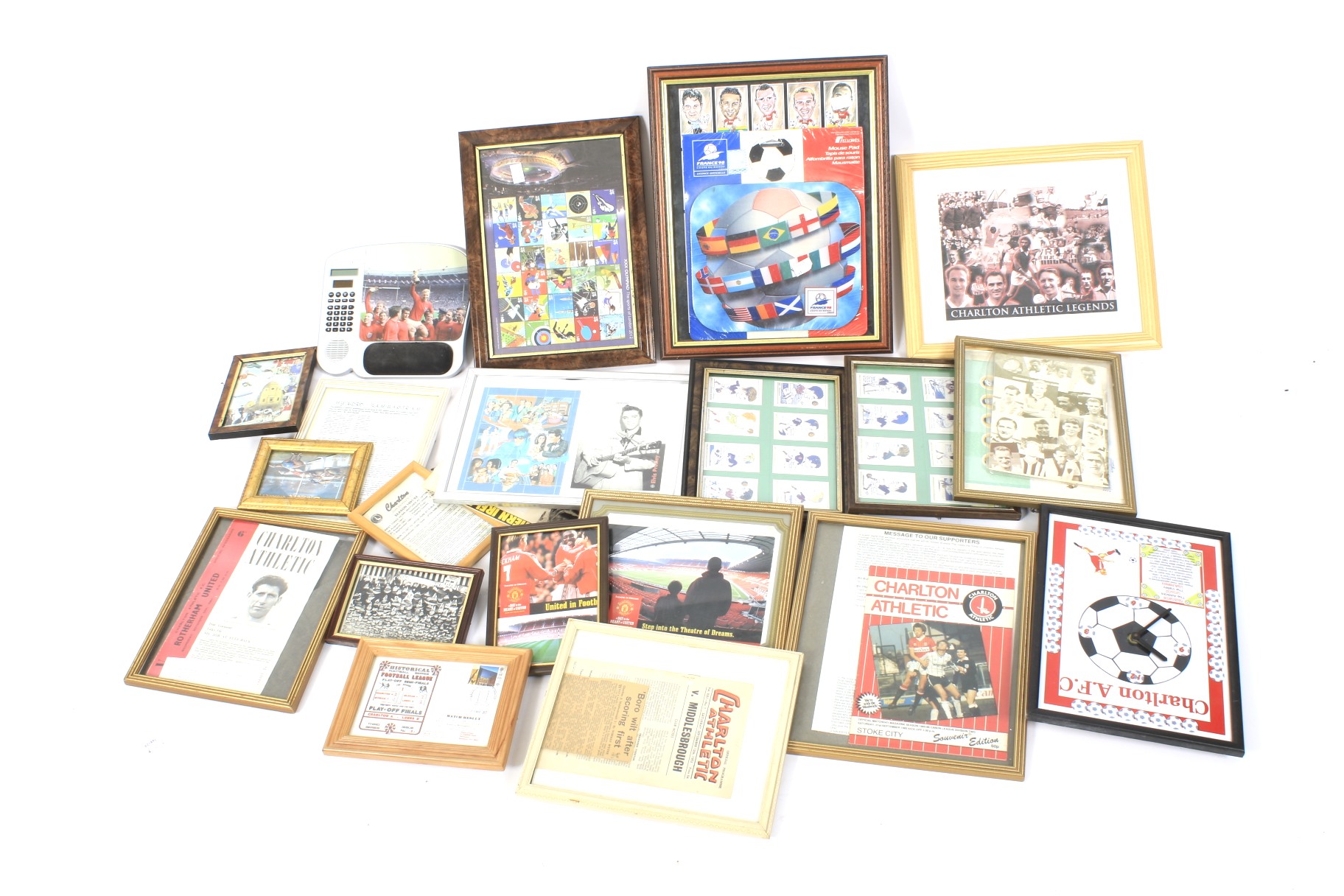 A collection of football and sporting memorabilia including cards, tickets, photographs,