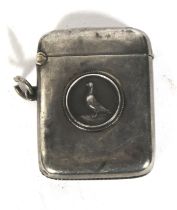 A silver vesta case with homing pigeon vignette. Engraved Presented to W.