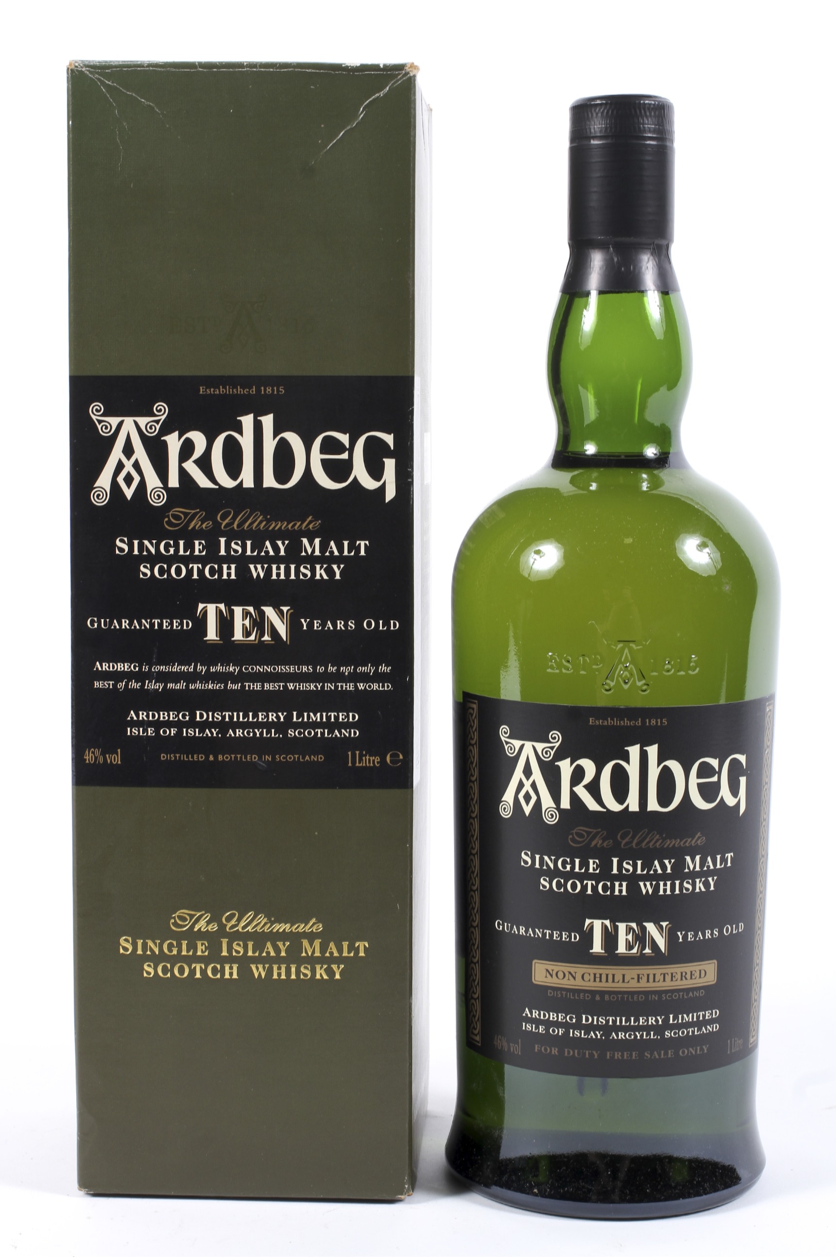 A bottle of Ardbeg ten years old single Islay malt Scotch whisky.