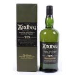 A bottle of Ardbeg ten years old single Islay malt Scotch whisky.