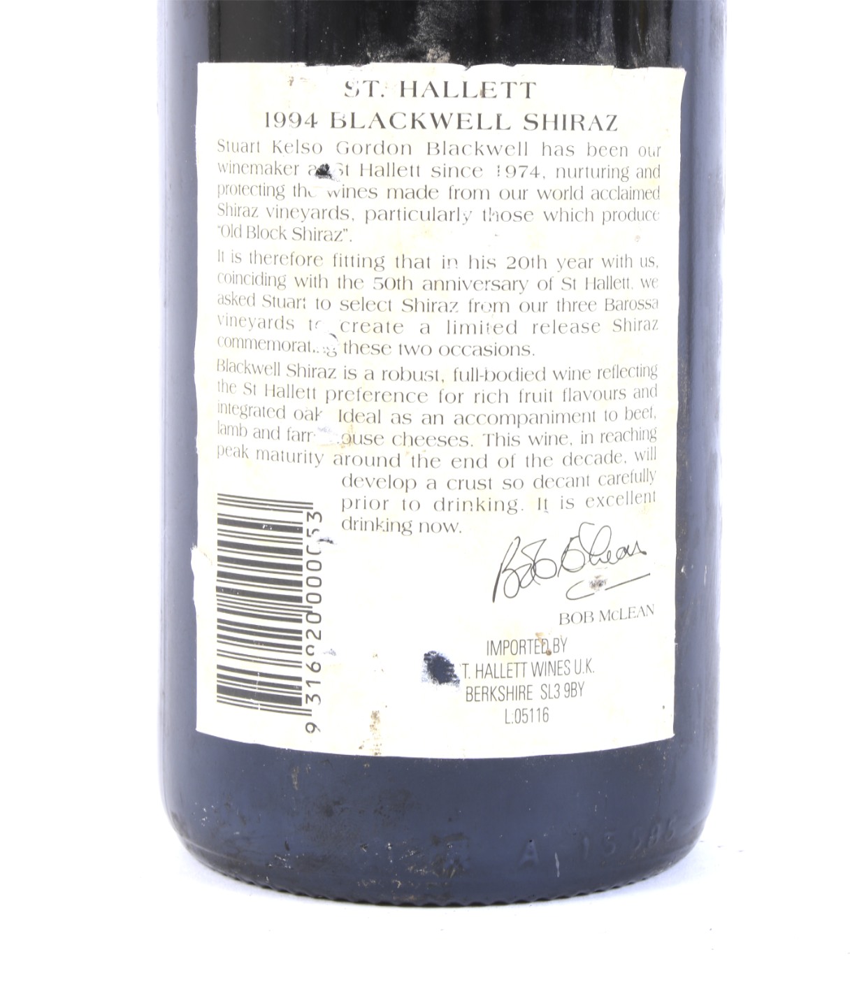 A bottle of St Hallet Blackwell Shiraz, 1994. Barossa, 750 ml, 13. - Image 2 of 2