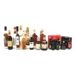 An assortment of alcohol including port, brandy, liqueurs and others.