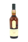 A bottle of Lagavulin 16 year old Islay single malt Scotch whisky.