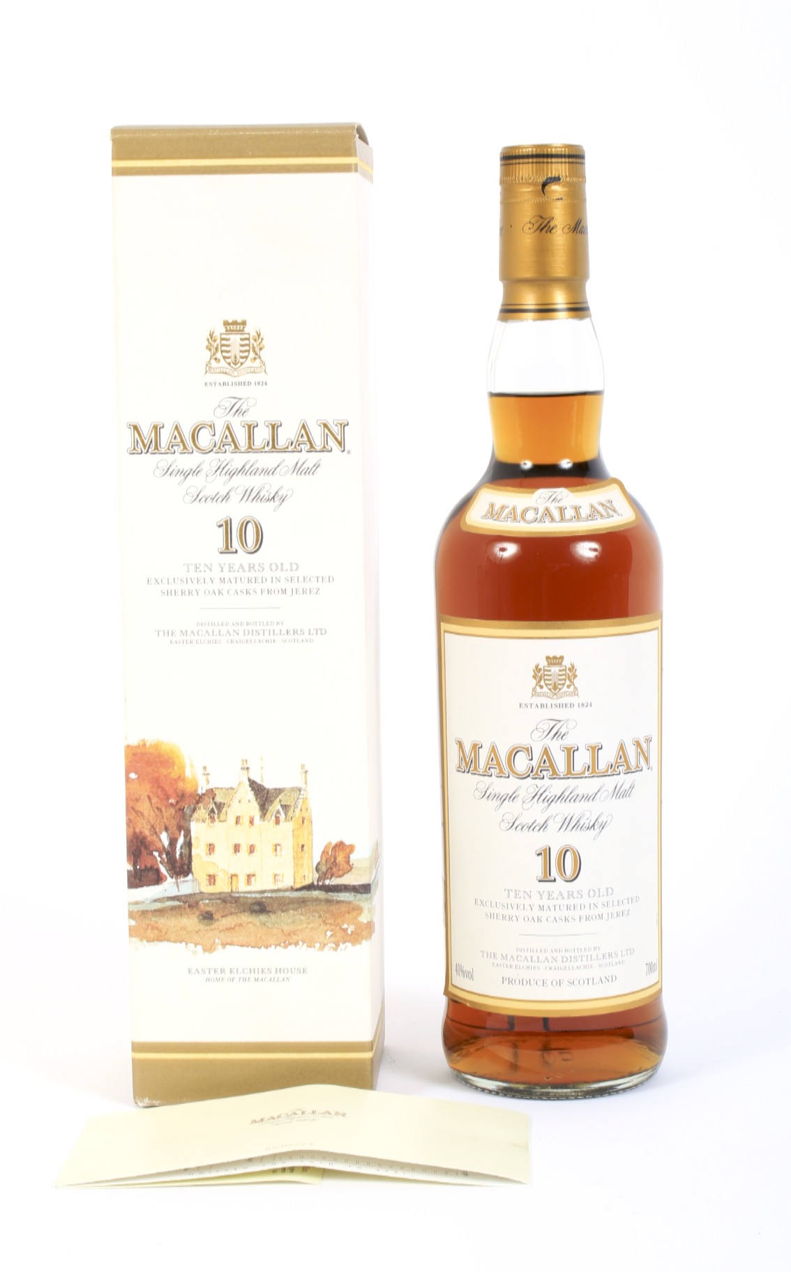 A bottle of The Macallan 10 year old single Highland malt Scotch whisky.