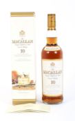 A bottle of The Macallan 10 year old single Highland malt Scotch whisky.