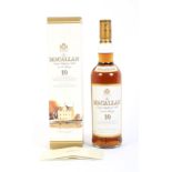 A bottle of The Macallan 10 year old single Highland malt Scotch whisky.