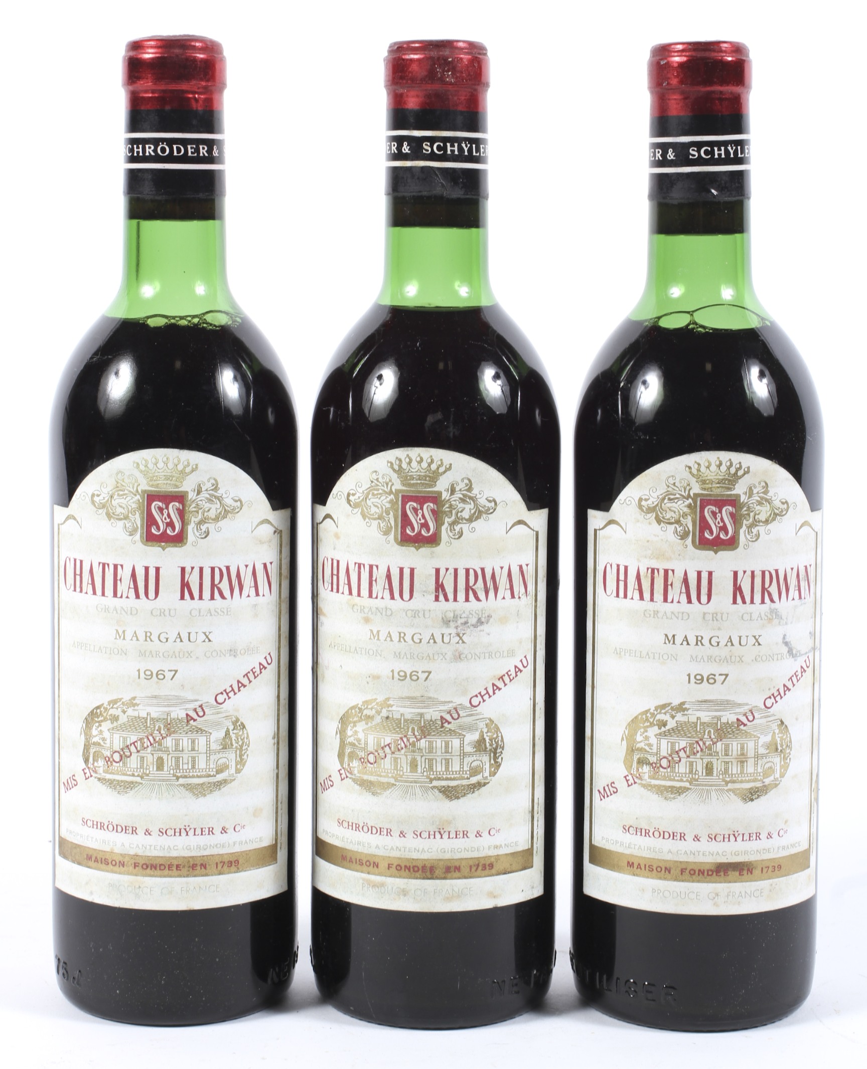 Three bottles of Chateau Kirwan Margaux 1967.