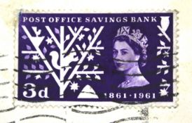 A Post Office Savings Bank 1961 centenary 3d stamp in purple. On an envelope.