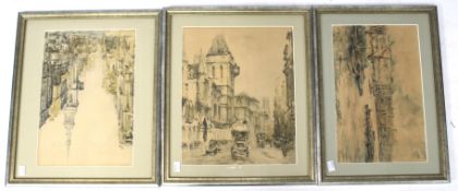 Three framed prints of Barry Pitter etchings, late 19th/early 20th century.