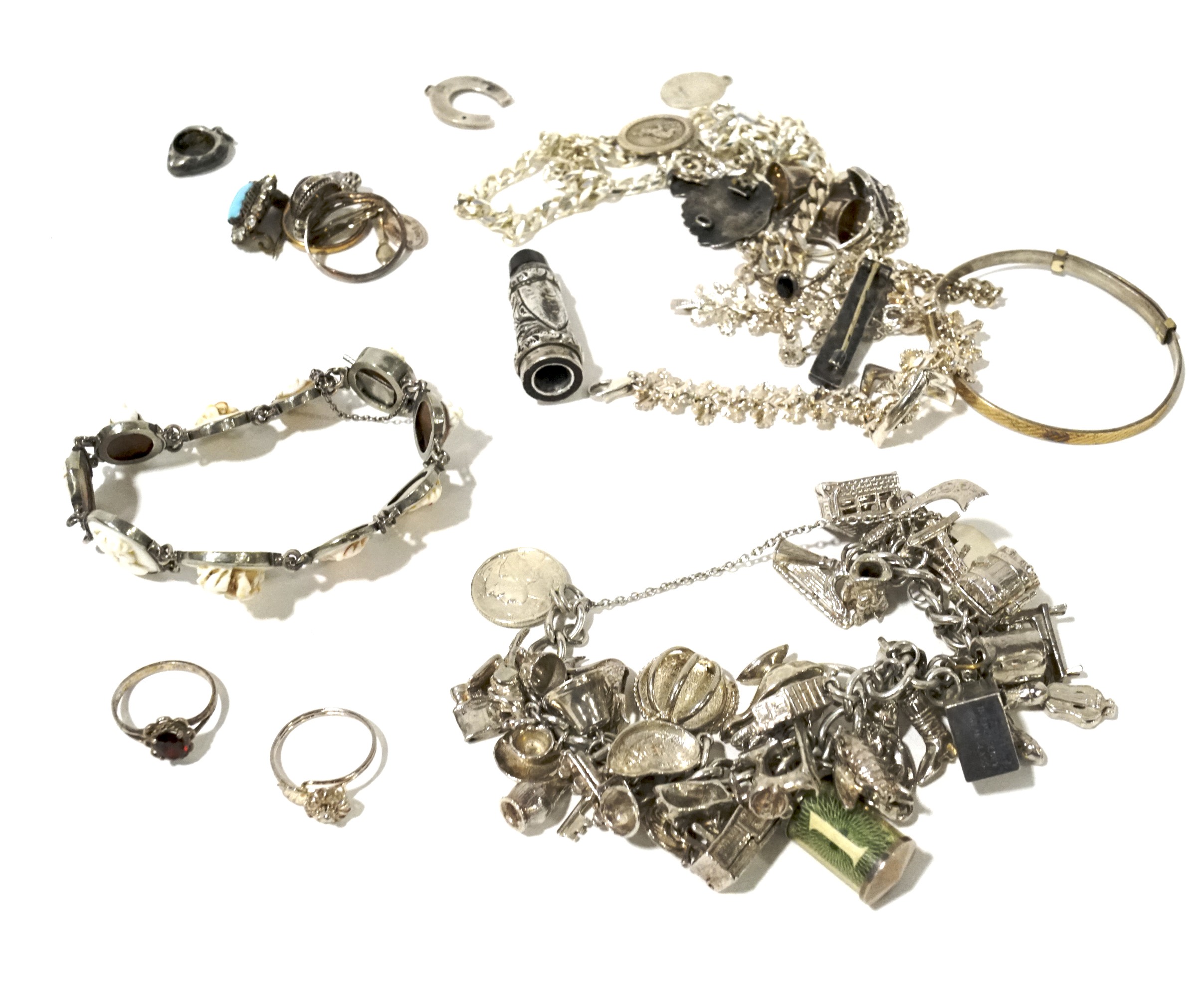 An assortment of silver and white metal jewellery.