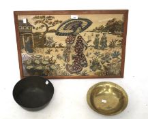 A Chinese and a Persian style metal bowl and a tapestry.