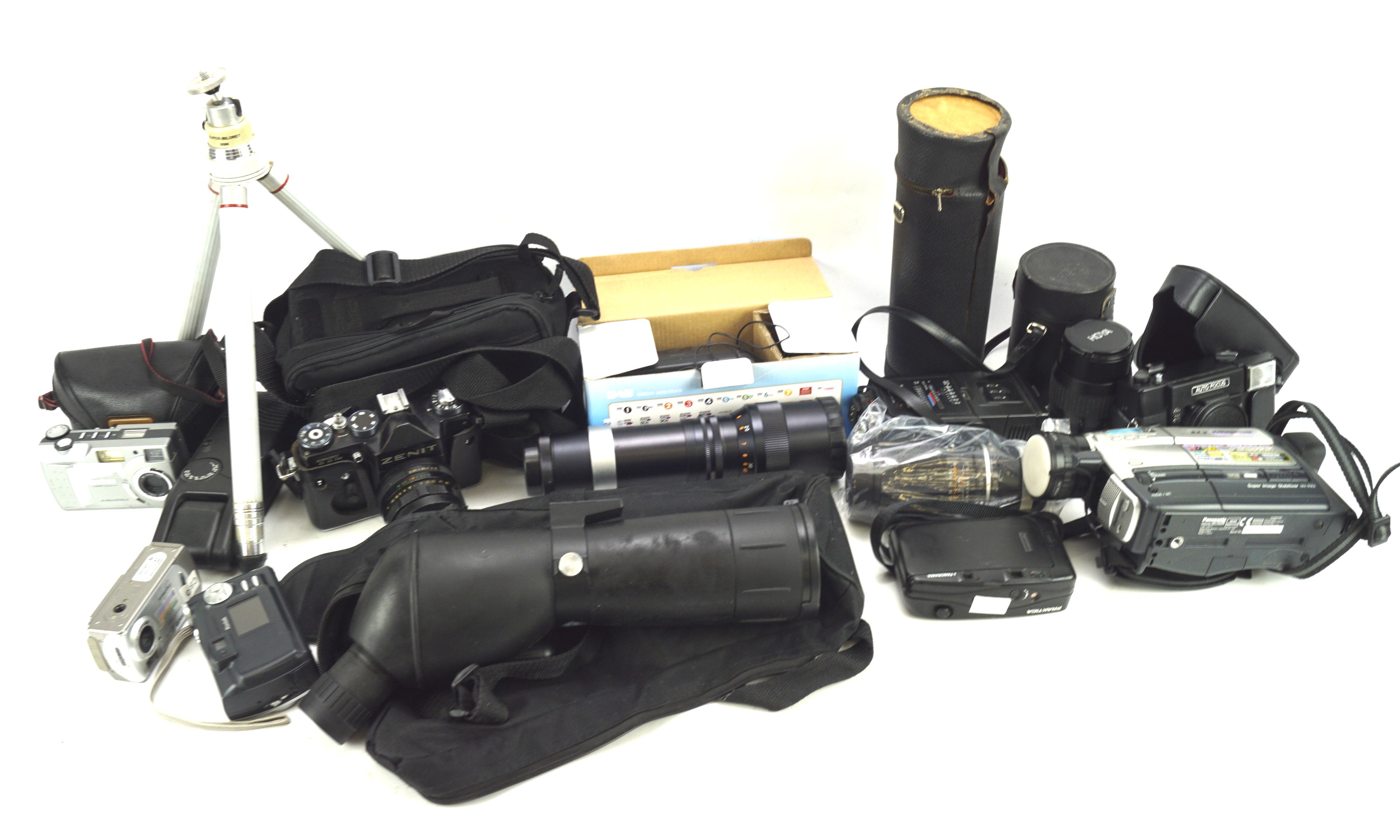 An assortment of cameras and accessories. Including a Zenit 35mm camera, tripod, Prinzgalaxy no.