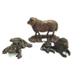 Three cast metal animals. Comprising a frog, lion and a sheep doorstop, doorstop H18.