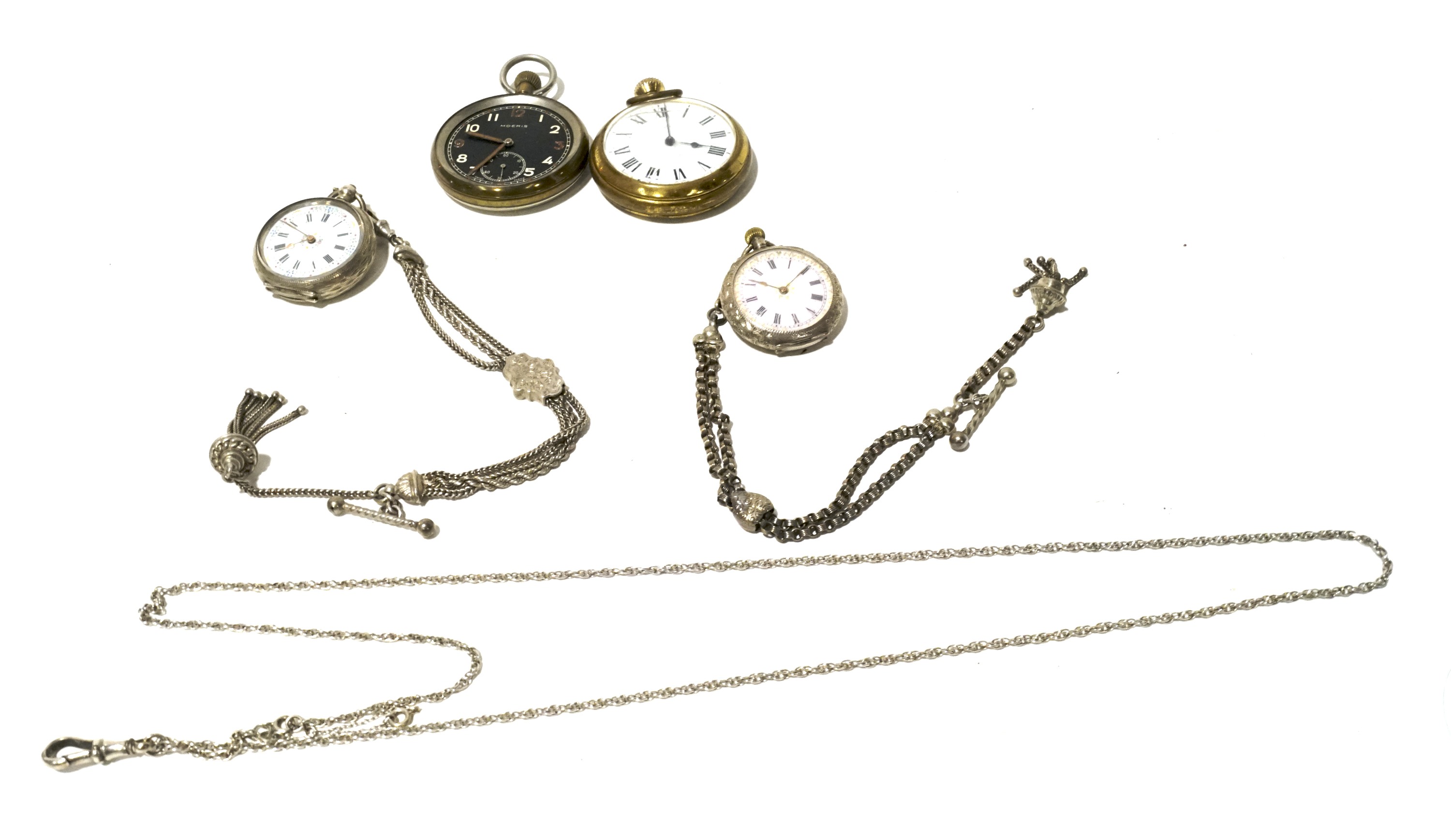 Two pocket watches and two ladies' fob watches.