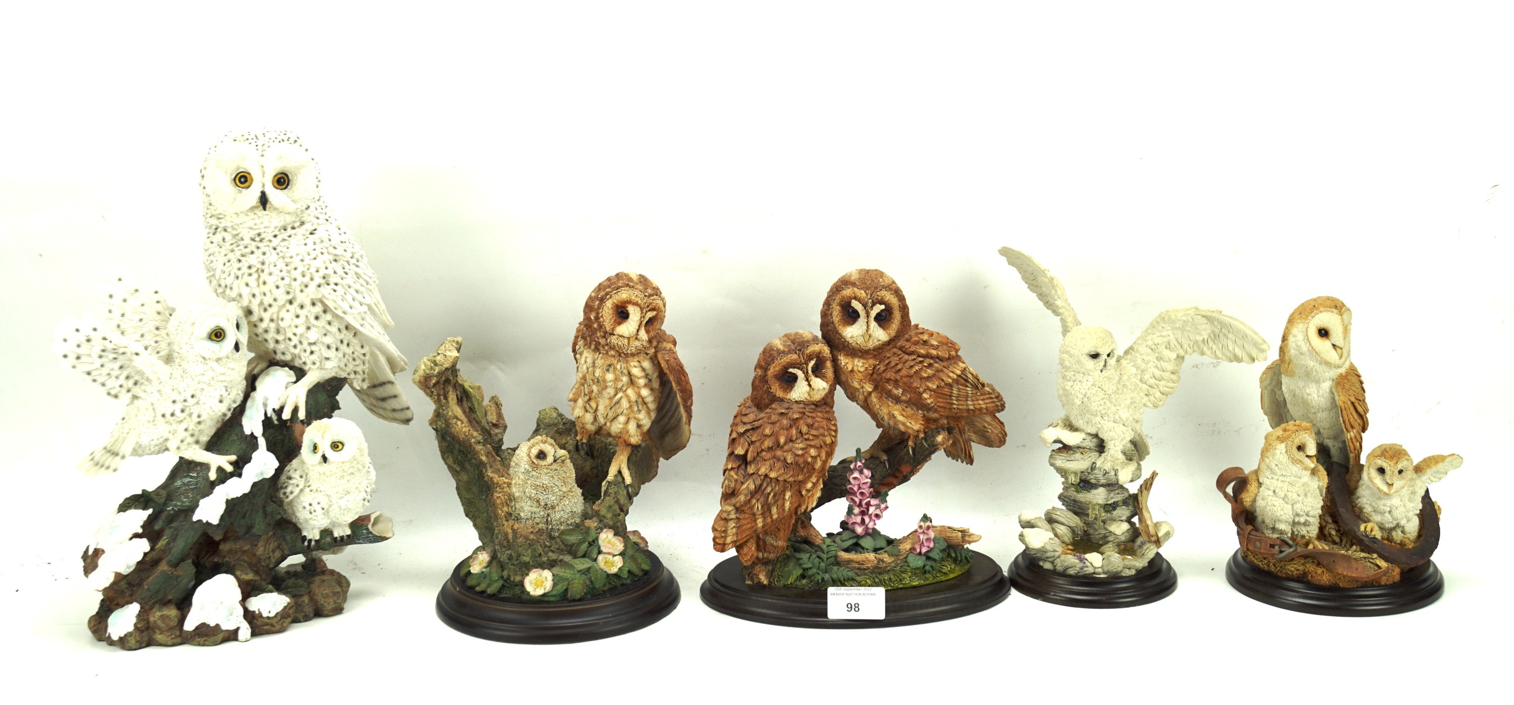 Five 'Country Artists' owl figurines.