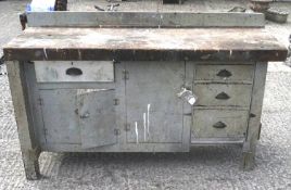A large 20th century partly grey painted workbench.