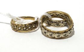 Three 9ct gold rings. Each with pierced details and inset with stones, sizes R, O & K/L, 9.