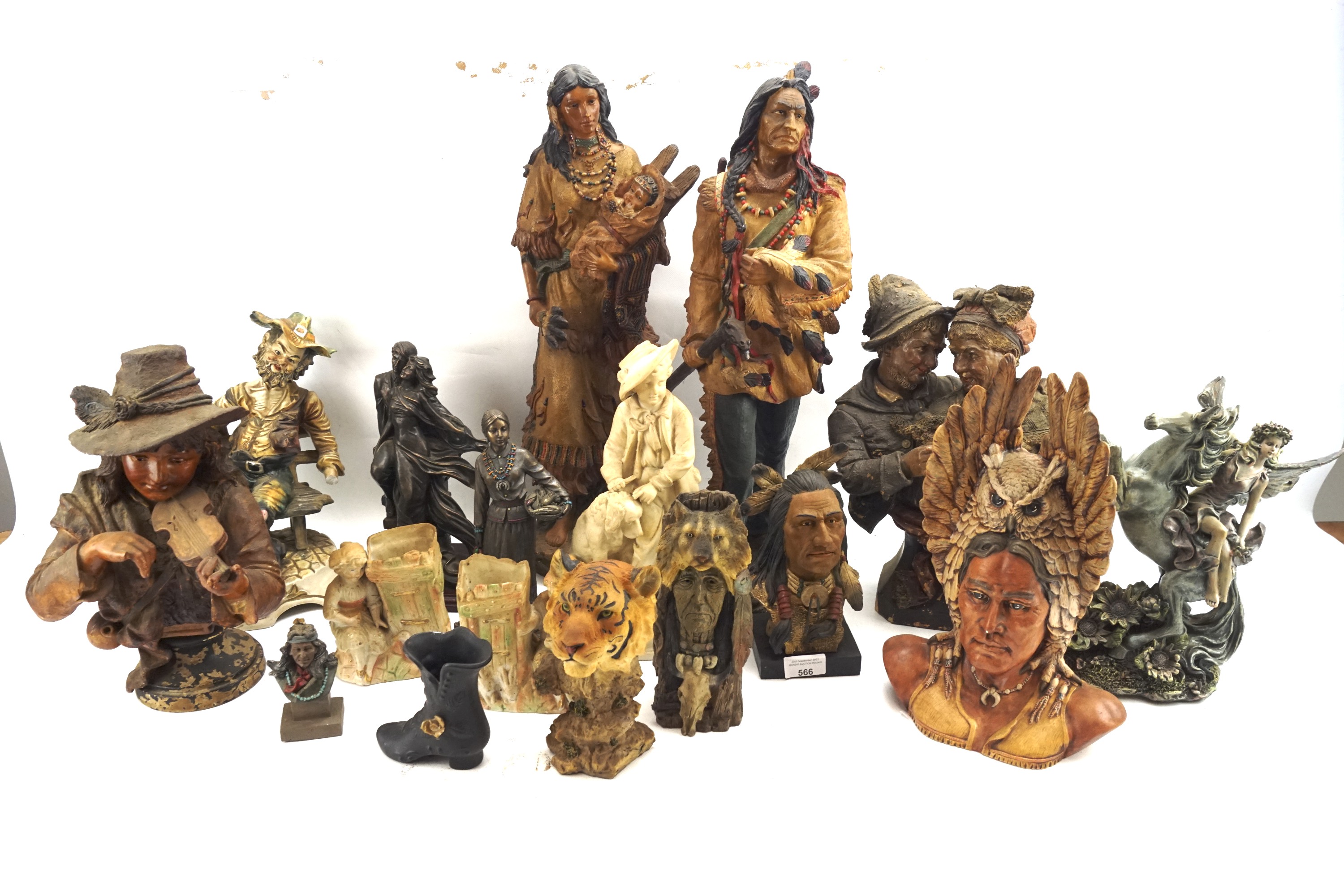 A collection of contemporary resin and plater figures. Depicting Native Americans, soldiers, etc.