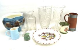 Assorted glass and ceramics. Including a cut glass vase, a Colonial Pottery jardiniere, etc.