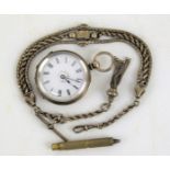 A continental silver fob watch and chain.