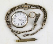 A continental silver fob watch and chain.