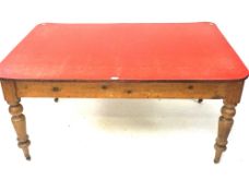 A Victorian pine kitchen table. With later red Formica top and single drawer.