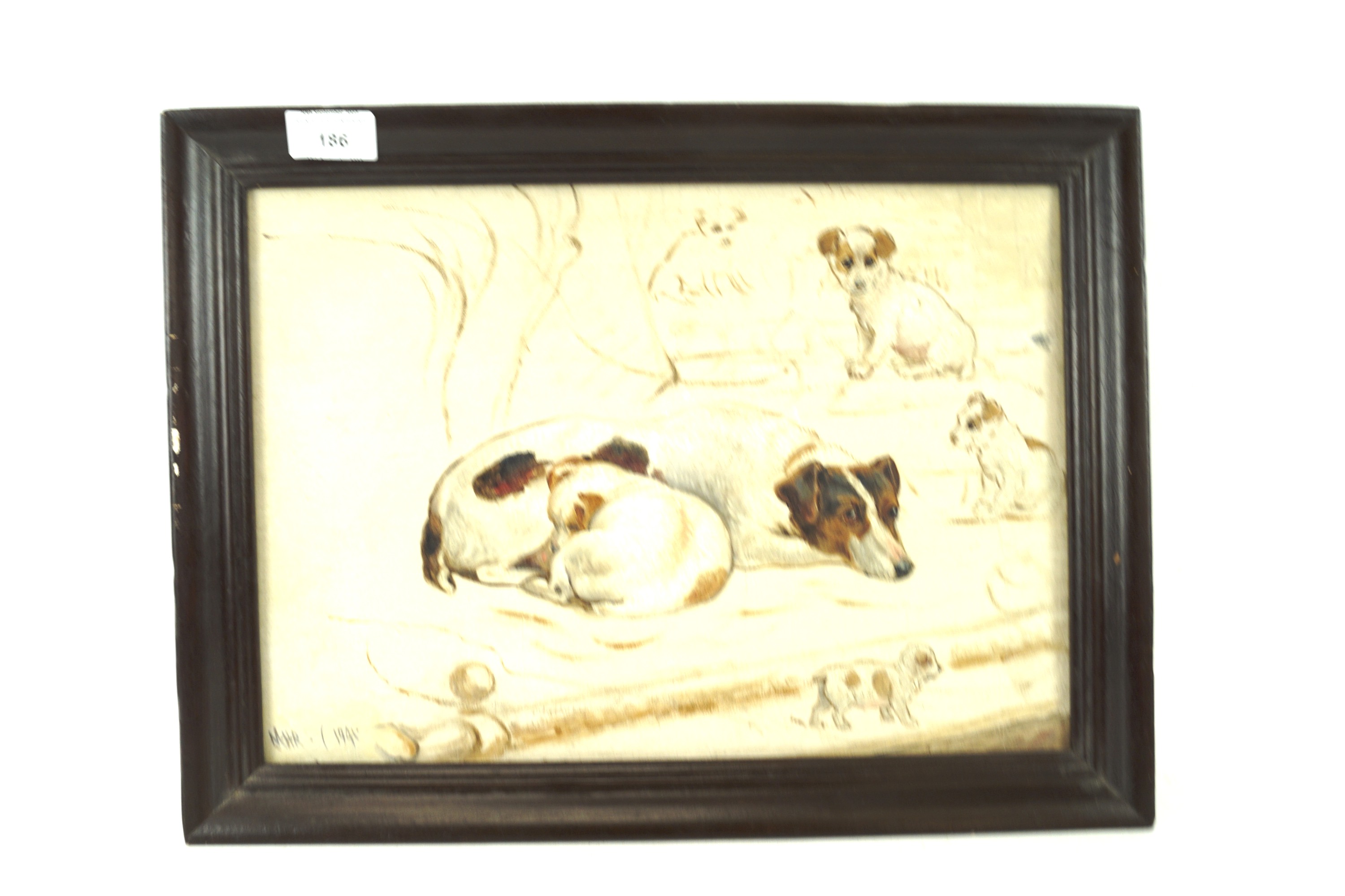 A 20th century oil on board depicting a jack russell and puppies.