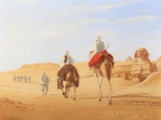 Oliver Trowell (20th Century), Figures on Camels in Egyptian Desert Landscape, oil on board.