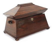 An early 19th century rosewood sarcophagus-shaped tea caddy.