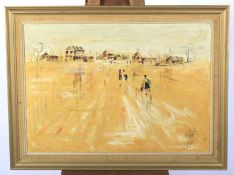 Australian, 20th Century School, Figures Walking in Desert Village, oil on canvas.