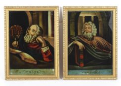 A pair of religious reverse glass paintings of St Mark and St Matthew.