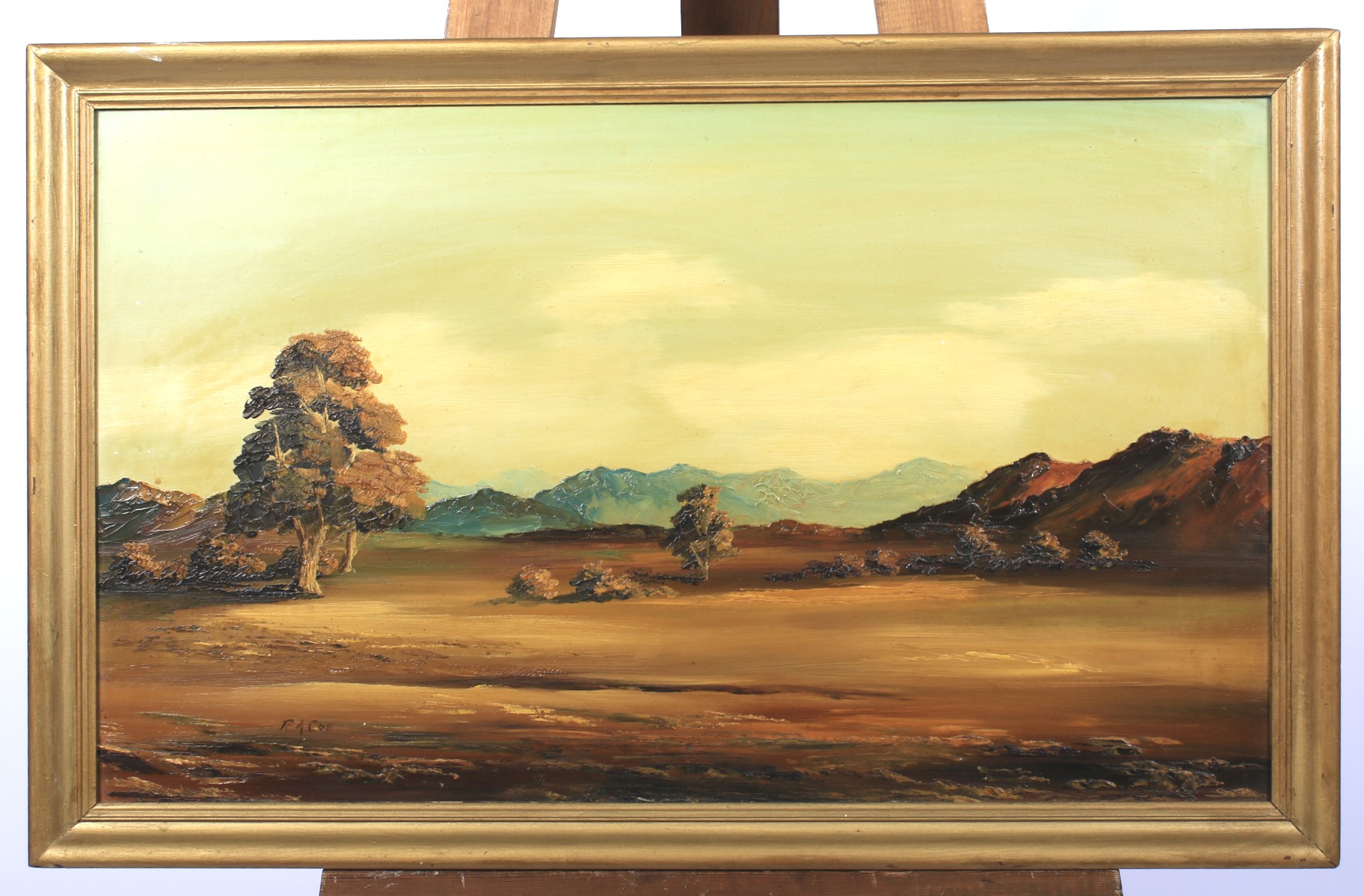 RA Coe (Western Australia, 20th Century), Rocky Tree Strewn Landscape, oil on board.