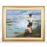 21st Century School, Boys Fishing, oil on canvas. Indistinctly signed Pra..